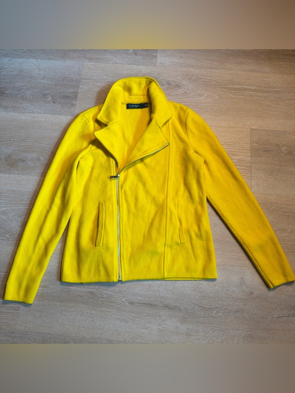 LAUREN RALPH LAUREN Knit Jacket Women’s Yellow Moto Asymmetric Zip Pockets M